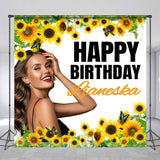 Allenjoy Personalized Sunflower Butterfly White Birthday Backdrop