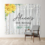 Allenjoy Personalized Yellow Floral Wooden Birthday Backdrop