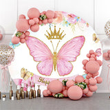 Allenjoy Pink Butterfly Glitter Crown Birthday Circle Backdrop