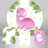 Allenjoy Pink Dinosaur Leaves Round Backdrop Kit Girls