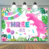 Allenjoy Pink Dinosaur Three Happy Birthday Backdrop Girl