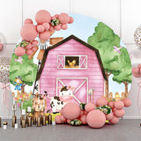 Allenjoy Pink Farm Animals Brithday Round Backdrop Cover