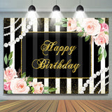 Allenjoy Pink Floral And Black With White Birthday Backdrop