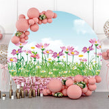 Allenjoy Pink Floral And Blue Sky Round Baby Shower Backdrop