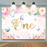 Allenjoy Pink Floral And Butterfly Happy 1St Birthday Backdrop