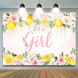 Allenjoy Pink Floral And Lemon Its A Girl Baby Shower Backdrop