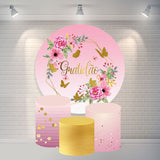 Allenjoy Pink Flower Butterfly Round Happy Birthday Backdrop