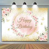 Allenjoy Pink Flower Gold Butterfly Happy Birthday Backdrop