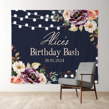 Allenjoy Pink Flowers Navy Blue Custom Birthday Backdrop