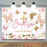 Allenjoy Pink Gold Butterfly Baptism First Birthday Backdrop