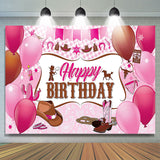 Allenjoy Pink Plaid Balloon Cowgirl Happy Birthday Backdrop