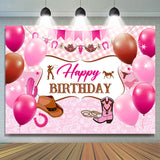 Allenjoy Pink Plaid Balloons Cowgirl Boots Birthday Backdrop