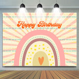 Allenjoy Pink Rainbow Stripe Boho Happy Birthday Backdrop