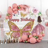 Allenjoy Pink Rose Butterfly Wooden Round Birthday Backdrop