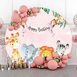 Allenjoy Pink Sky Monstera Animals Round Birthday Backdrop