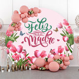 Allenjoy Pink Tulip Butterfly Round Backdrop Mothers Day