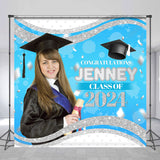 Allenjoy Prom Blue Silver Custom Photo Graduation Backdrop