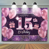 Allenjoy Purple Balloons Glitter Gifts 15Th Birthday Backdrop