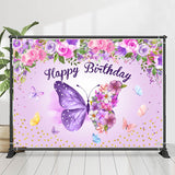 Allenjoy Purple Butterflies Flowers Happy Birthday Backdrop