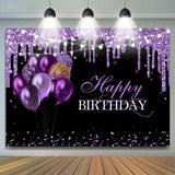 Allenjoy Purple Glitter Balloons Black Happy Birthday Backdrop