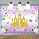 Allenjoy Purple Glitter Flowers And Castle Birthday Backdrop