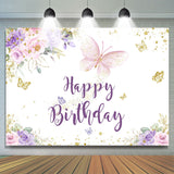 Allenjoy Purple Gold Glitter Butterfly Happy Birthday Backdrop