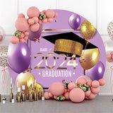 Allenjoy Purple Golden Balloons Round Graduation Backdrop