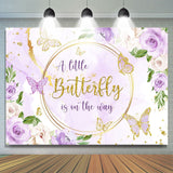 Allenjoy Purple Golden Flowers Butterfly Baby Shower Backdrop