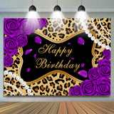 Allenjoy Purple Rose Leopard Glitter Happy Birthday Backdrop