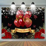 Allenjoy Red Glitter Butterfly Gold Happy Birthday Backdrop