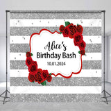 Allenjoy Red Rose Silver Glitter Custom Birthday Backdrop