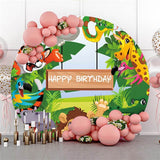 Allenjoy Round Animals Green Leaves Happy Birthday Backdrop