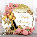 Allenjoy Round Balloons Glitter Gold Happy Birthday Backdrop