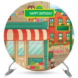 Allenjoy Round Cartoon House Street Happy Birthday Backdrop