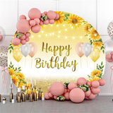 Allenjoy Round Golden Sunflower Balloon Happy Birthday Backdrop