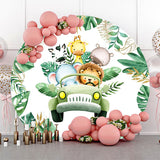 Allenjoy Round Safari Animal Green Truck Birthday Backdrop