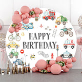 Allenjoy Round Various Transportation White Birthday Backdrop