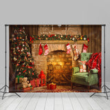 Allenjoy Rustic Fireplace Christmas Tree Portrait Backdrop