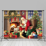 Allenjoy Santa And Puppy Fireplace Gift Christmas Backdrop