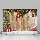 Allenjoy Snowy Wooden Board Christmas Bells Holiday Backdrop