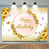 Allenjoy Sunflower Butterfly Pink Gold Happy Birthday Backdrop