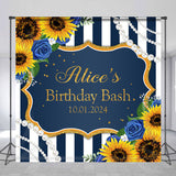 Allenjoy Sunflower Navy Blue Stripe Custom Birthday Backdrop