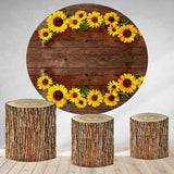 Allenjoy Sunflowers And Brown Wooden Round Birthday Backdrop