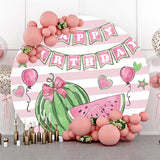 Allenjoy Watermelon Balloon Stripe Happy Birthday Round Backdrop