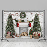 Allenjoy White Bricks And Fireplace Christmas Tree Backdrop