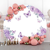 Allenjoy White Purple Rose Butterfly Round Birthday Backdrop