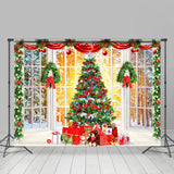 Allenjoy White Window Green Xmas Tree Christmas Backdrop