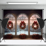 Allenjoy Winter Window Christmas Wreath Bowknot Photo Backdrop