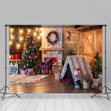 Allenjoy Wooden House Strip Light Tree Christmas Backdrop