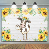 Allenjoy Wooden Sunflower Cute Cow Animal Birthday Backdrop